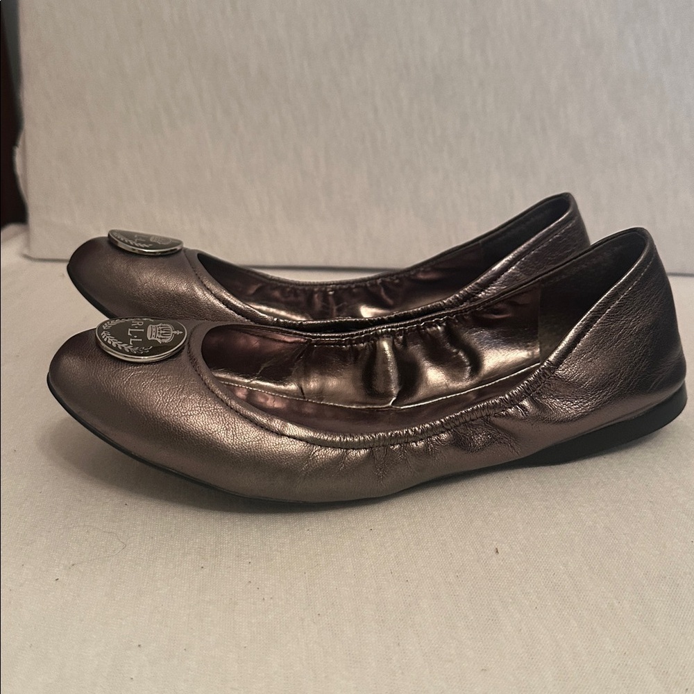 Lauren Ralph Lauren Shiny Pewter Metallic Ballet Flats with RL Logo Size 7.5 - Picture 9 of 14